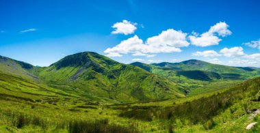 A scenic panoramic view from Mount Snowdon on a bright sunny day, Wales