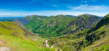 A scenic panoramic view from Mount Snowdon on a bright sunny day, Wales