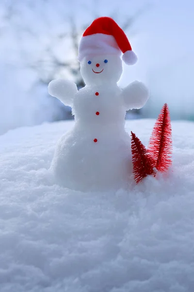 Szczęśliwy bałwan stoi w białym śniegu. Zimowy krajobraz Bożego Narodzenia. — Zdjęcie stockowe