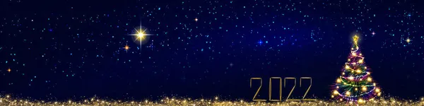 Nowy rok 2022 tło z choinką odizolowane na tle gwiazd niebo. — Zdjęcie stockowe