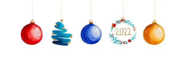 Neujahr 2022 Hintergrund mit Weihnachtsgirlanden aus bunten Kugeln und Tanne . — Stockfoto