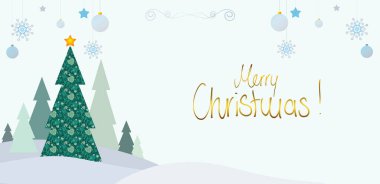 Noel modern tasarımı, yeşil köknar ağacı ve beyaz üzerine izole edilmiş süslemeler..