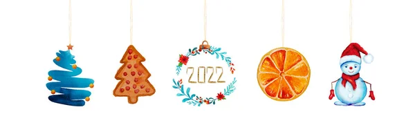 Neujahr 2022 Hintergrund mit Weihnachtsgirlanden aus bunten Ikonen und Schneemann — Stockfoto