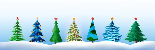雪の上のクリスマスの星と水彩モミの木. — ストック写真