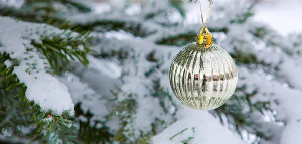 Bola de oro de Navidad colgando en ramas de pino en nieve blanca . — Foto de Stock