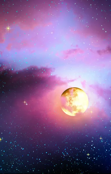 Lua cheia com estrelas no colorido céu noturno  . — Fotografia de Stock