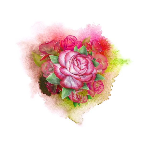 Corazón colorido de San Valentín con flor rosa y hojas verdes — Foto de Stock