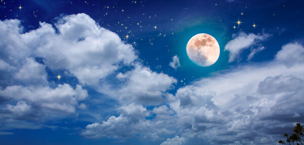 Universe filled with stars and big clouds . Nature nights background with full moon.