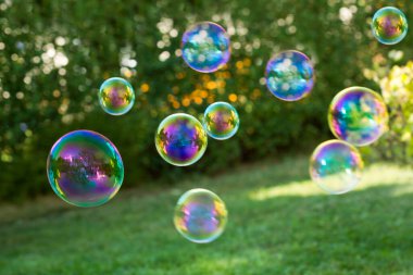 Gökkuşağı soapbubble. Yeşil doğal arka plan üzerinde izole Soapbubbles.