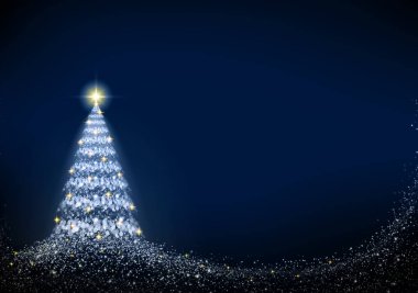 Geceleyin gökyüzünde izole edilmiş ışıkları olan Noel ağacı..