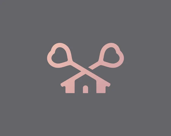 Dwa skrzyżowane klucze z sercami połączone w domu, logo budynku. Negatywna przestrzeń do domu, nieruchomości, symbol znaku ochronnego wektora logotypu. — Wektor stockowy