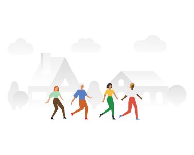 Dört kız cadde boyunca gider. Arkadaşlar, komşular, renkli giysili kız kardeşler beyaz arka planda izole bir şekilde birbirlerinin peşine düşerler. Vektör minimalist düz resimleme.