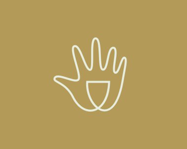 Kalkan logosu desenli soyut el avuç içi. Yaratıcı çizgi sanat koruması, güvenli, güç vektörü işareti logoti tipi