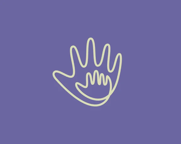 抽象的な子供の手と大きな大人の手のロゴデザイン 最小限の継続的なラインケア サポート マタニティベクトルアイコンのロゴタイプ — ストックベクタ