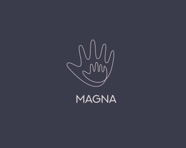 Abstract kid hand and a big adult hand icon logo design template. Premium line art care, support, maternity vector sign symbol mark logotype isolated on dark background