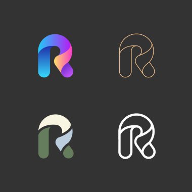 Collection of abstract R letters. Colorful and outline icons, signs design concept isolated on dark background. Vector illustration