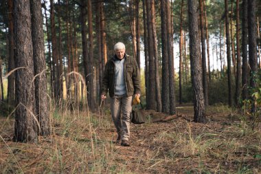 Ağaçların arka planında yaşlı bir adam ormanda yürüyor ve eğleniyor.