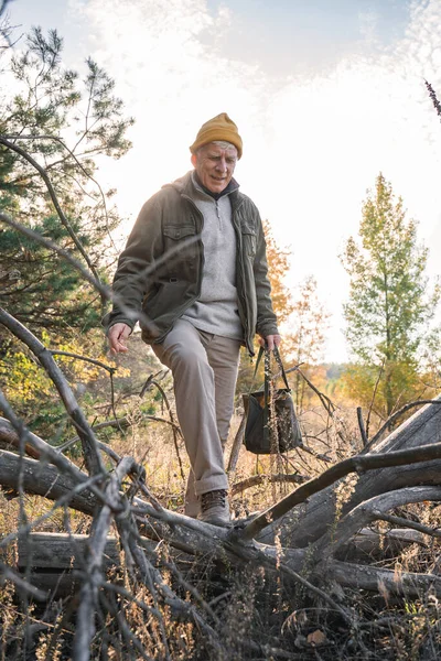 Senior man holding bag and looking under his legs while collecting mushrooms — Stock Photo, Image
