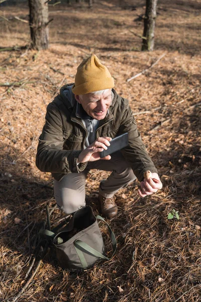 Récupérateur de champignons sénior tenant des champignons à la main et le tirant sur le smartphone — Photo