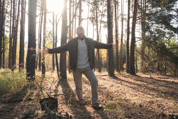 Oudere wandelaar strekte armen uit terwijl hij geniet van zonsopgang in het bos tussen de bomen — Stockfoto