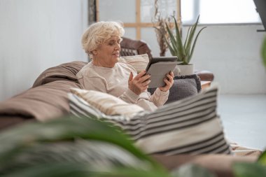 Büyükanne internette geziniyor ve internetten alışveriş yapıyor.