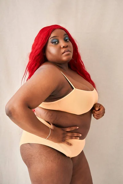 Felice ragazza in sovrappeso con smagliature tenendosi per mano in vita mentre posa alla fotocamera — Foto Stock