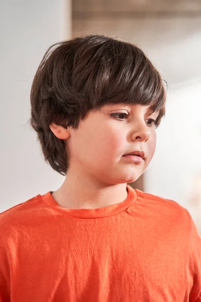 Caucásico morena niño mirando hacia otro lado mientras de pie en la sala de arte de la escuela — Foto de Stock