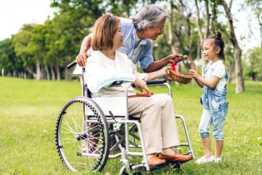 Mutlu aşk portresi Asyalı büyükbaba ve büyükannesi ve Asyalı küçük tatlı kız yaz parkında rahatlayın. Gülen büyükannesi ve büyükbabası birlikte gülümseyen genç kız. Aile ve beraberlik.