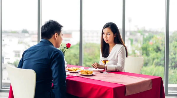 Romantic Young Asian Happy Love Couple Relaxing Talking Together Drinking — Stock Fotó