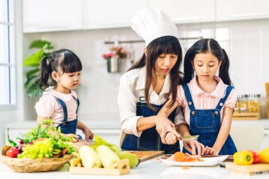 Mutlu bir aşk portresi. Asyalı bir anne ve küçük Asyalı bir kız çocuk. Mutfakta taze sebze salatası ve sandviç malzemesiyle birlikte sağlıklı yemekler pişirmeye yardım ediyorlar.