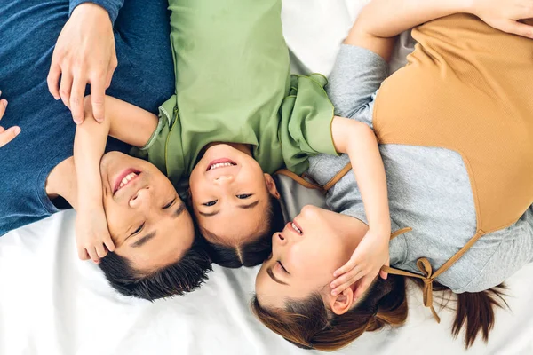 Top View Portrait Enjoy Happy Smiling Love Asian Family Father — Stock Photo, Image