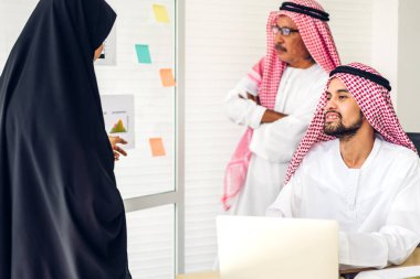 Üniversiteli Arap iş adamlarının dizüstü bilgisayar ve belge raporlarıyla çalışmalarının başarısı. Yaratıcı Arap iş adamları yeni bir başlangıç projesi projesiyle buluşup strateji analizi planlıyorlar.