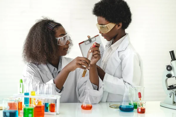 Dois Afro Americanos Bonitinho Menino Menina Estudante Criança Aprender Ciência — Fotografia de Stock