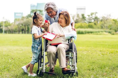 Mutlu aşk portresi Asyalı büyükbaba ve büyükannesi ve Asyalı küçük tatlı kız yaz parkında rahatlayın. Gülen büyükannesi ve büyükbabası birlikte gülümseyen genç kız. Aile ve beraberlik.