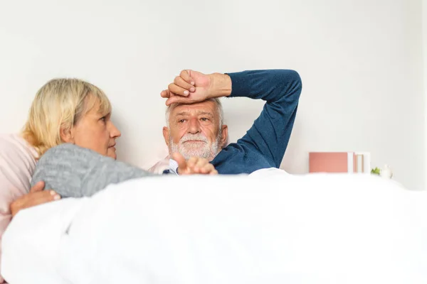 Senior Happy Love Elder Couple Relaxing Talking Together Lying Bed — Foto de Stock