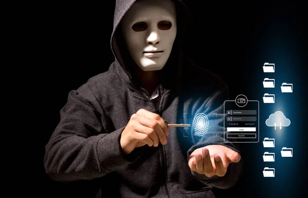 Hacker cyber attack scanner digital business password cloud document online database technology in a hood on dark background.security internet protection concept