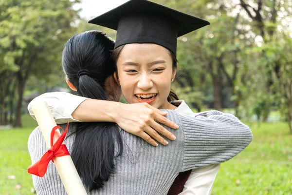 Successful Student Young Woman Bachelor Gowns Diplomas Graduate Hugging Her — Stock Photo, Image