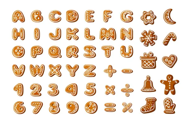 Alphabet Numbers Figures Form Christmas Gingerbread Decorated White Icing — Stock Vector