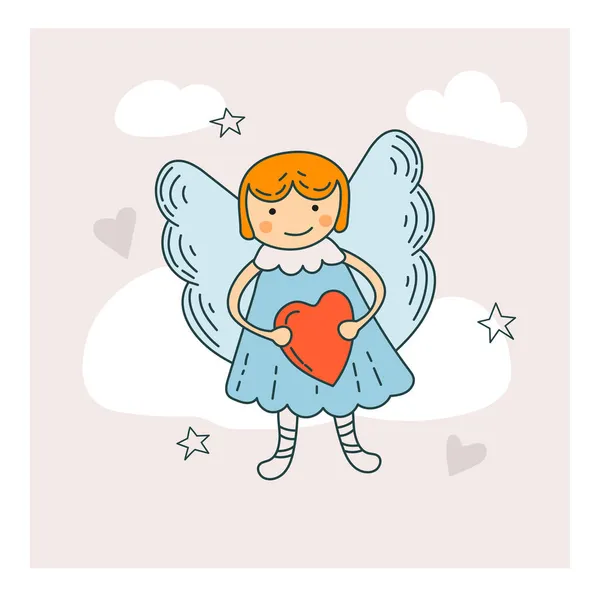 Christmas Angel Girl Holding Heart Her Hands Winter Card — Stock Vector