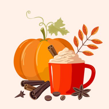 Pumpkin spice latte. A large pumpkin and a fragrant spicy drink in a mug. Delicious autumn illustration. clipart