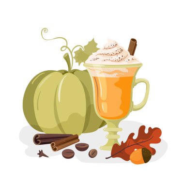 Balkabağı aromalı latte. Bardakta büyük bir balkabağı ve baharatlı bir içecek. Lezzetli sonbahar çizimi. Vektör, izole.