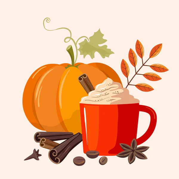 Balkabağı aromalı latte. Bardakta büyük bir balkabağı ve baharatlı bir içecek. Lezzetli sonbahar çizimi.