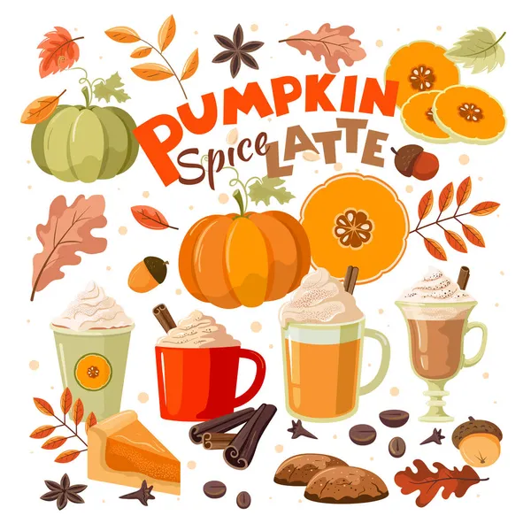 Pompoenkruid Latte Gezellig Herfst Set Vector Geïsoleerd — Stockvector