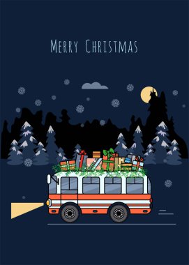 Yeni yıl için hediyelerle dolu bir otobüs gece karlı ormandan geçer. Mutlu Noeller..