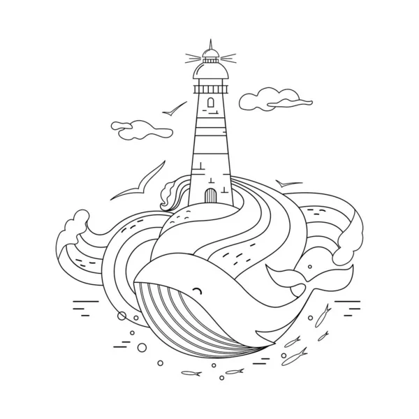 Een Vuurtoren Een Walvis Contourfoto Voor Het Kleuren — Stockvector