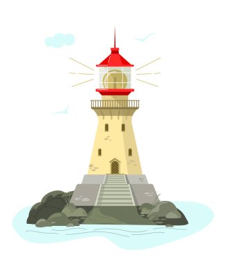 Adadaki deniz feneri. Beyaz arkaplanda izole edilmiş vektör.