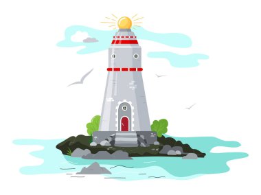 Adadaki deniz feneri. Beyaz arkaplanda izole edilmiş vektör.