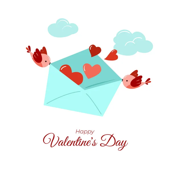 Happy Valentine Day Open Envelope Hearts Carried Sky Birds — Stock Vector