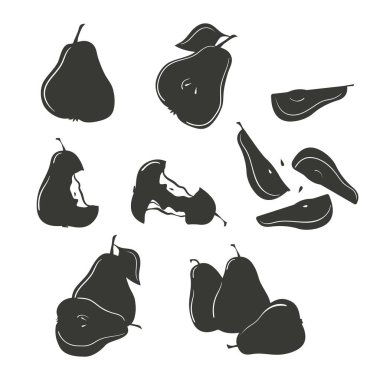 Bir armut silueti. Set: bütün, yarım, dilimler, ısırılmış. Beyaz arkaplanda izole edilmiş vektör.