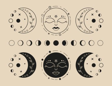 Ay. Ay döngüsü. Taslak biçiminde zarif illüstrasyon.